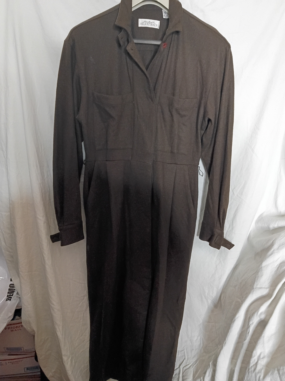 Ellen Tracy Brown Long Sleeve Collared Midi Shirt Dress